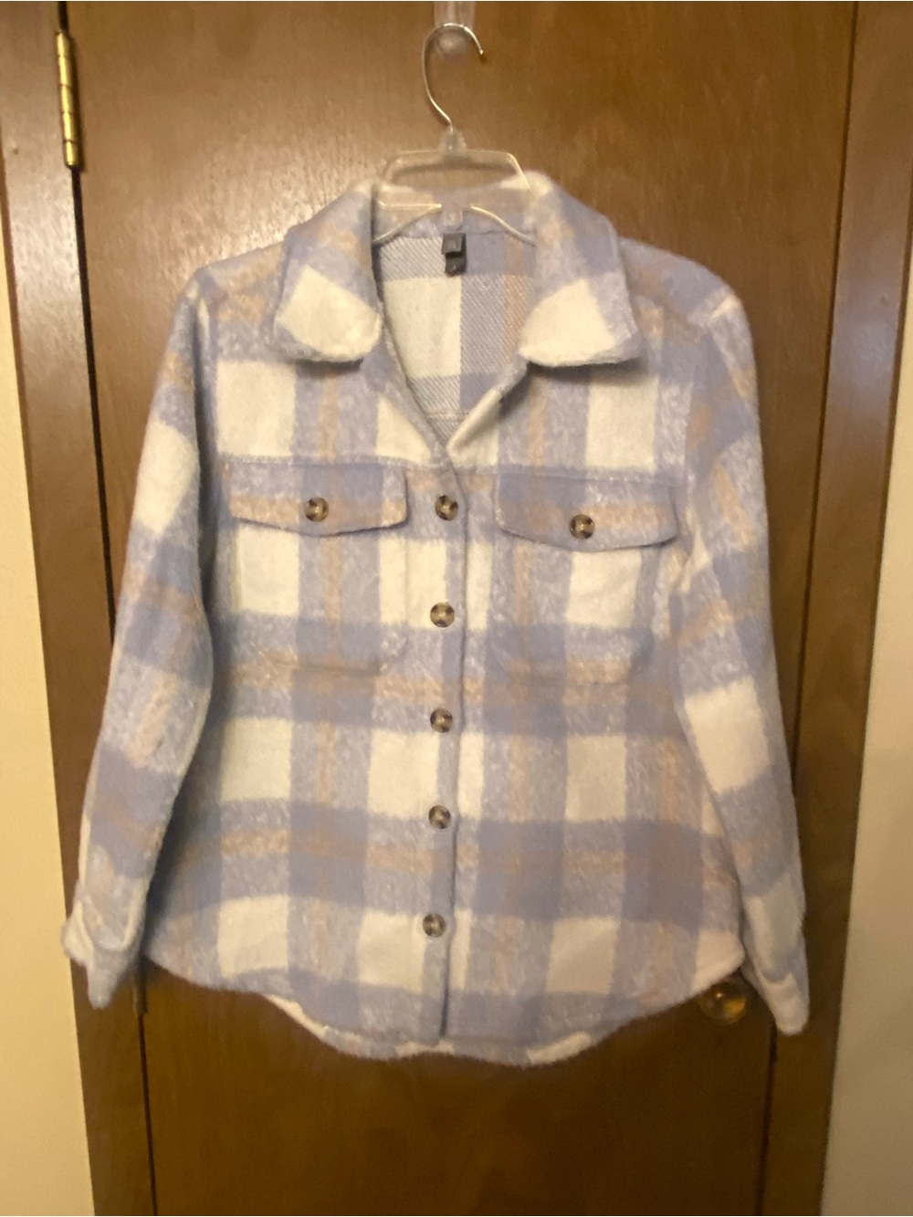ALYA Blue and White Plaid Button-Up Shacket